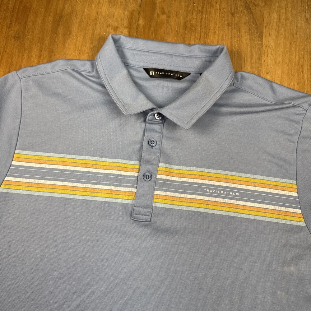 Travis Mathew Short Sleeve Golf Polo Shirt Mens XL Blue Striped Cotton FCA Logo
